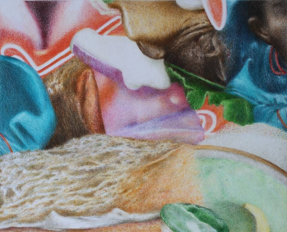 shift, small#3, 2025, crayons de couleur sur papier, 14 X 17,5cm