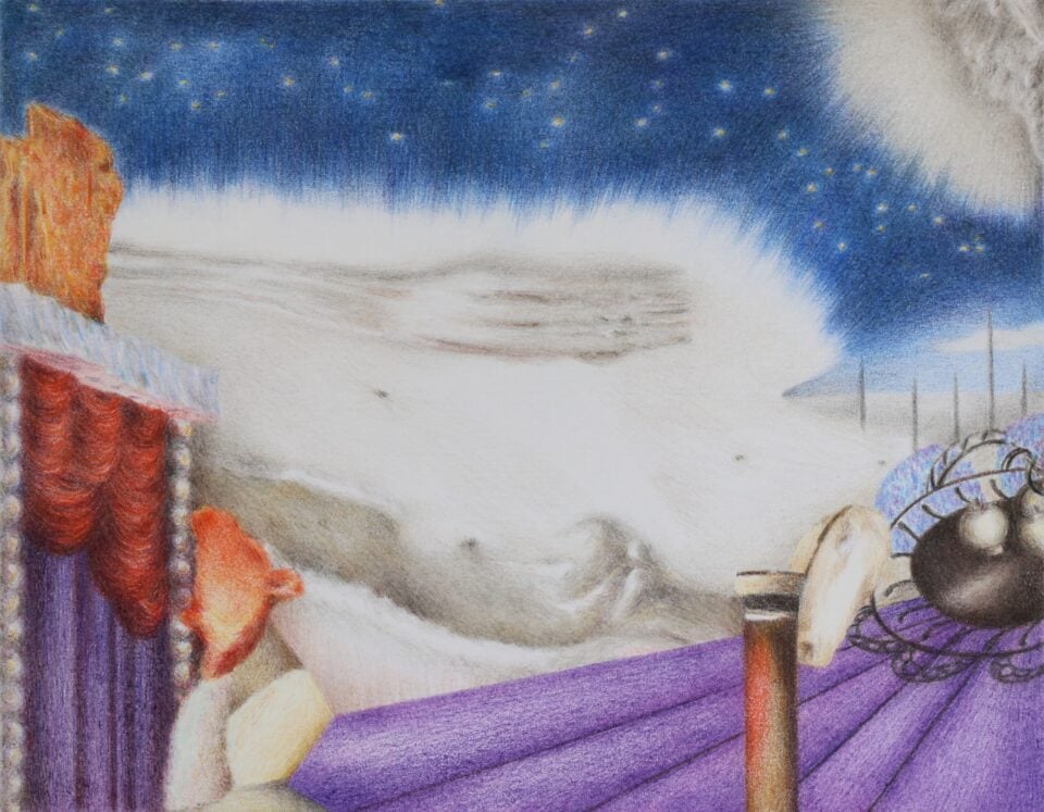 shift, small#4, 2025, crayons de couleur sur papier, 14 X 17,5 cm